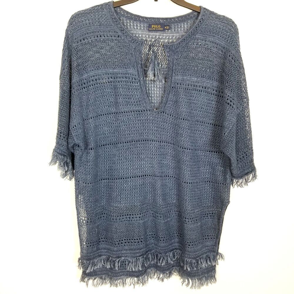 Polo Ralph Lauren Women Blue Knit Open-Neck Top Sz M‎ Boho Beach Tassel
